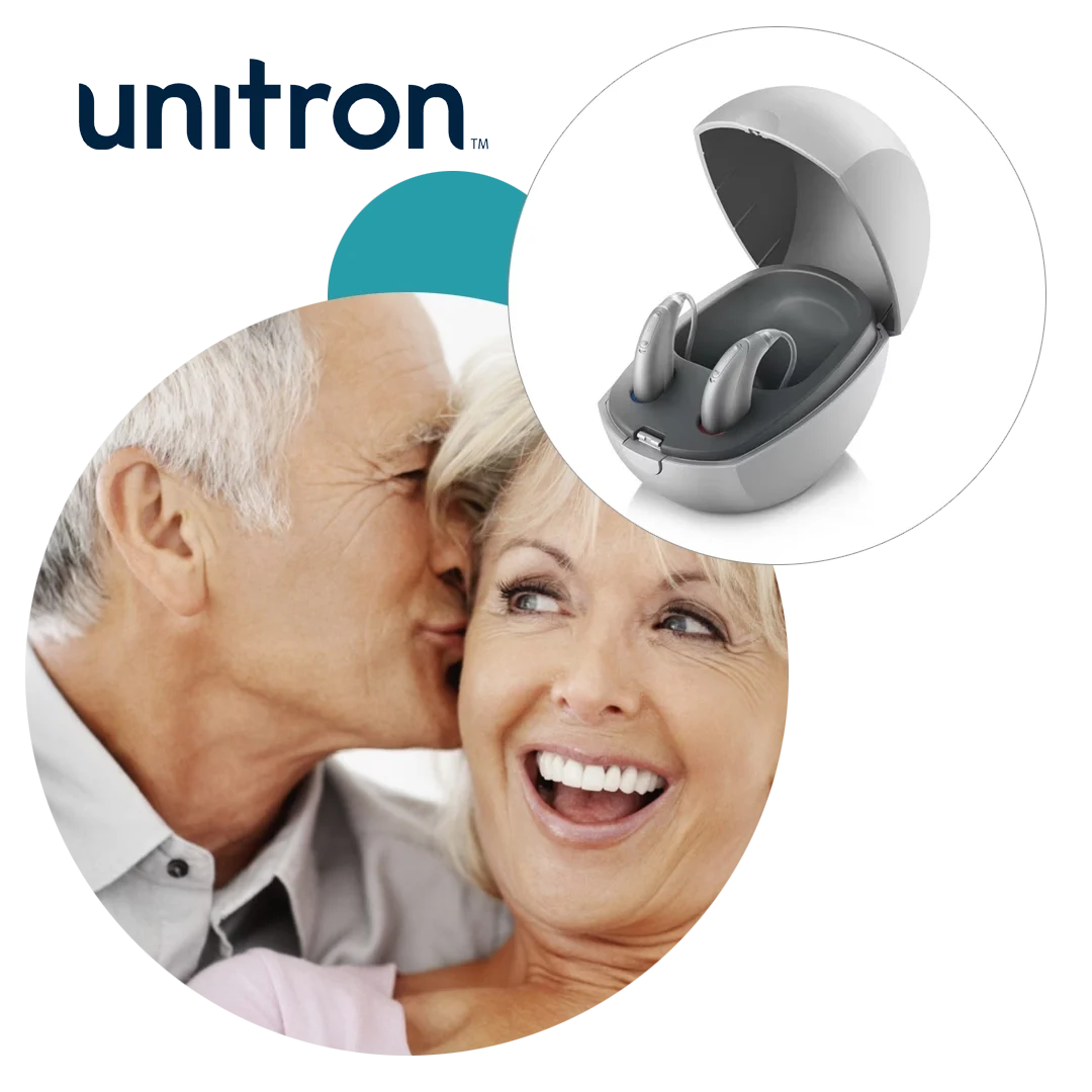 Unitron Hearing Aids Unitron logo and happy couple