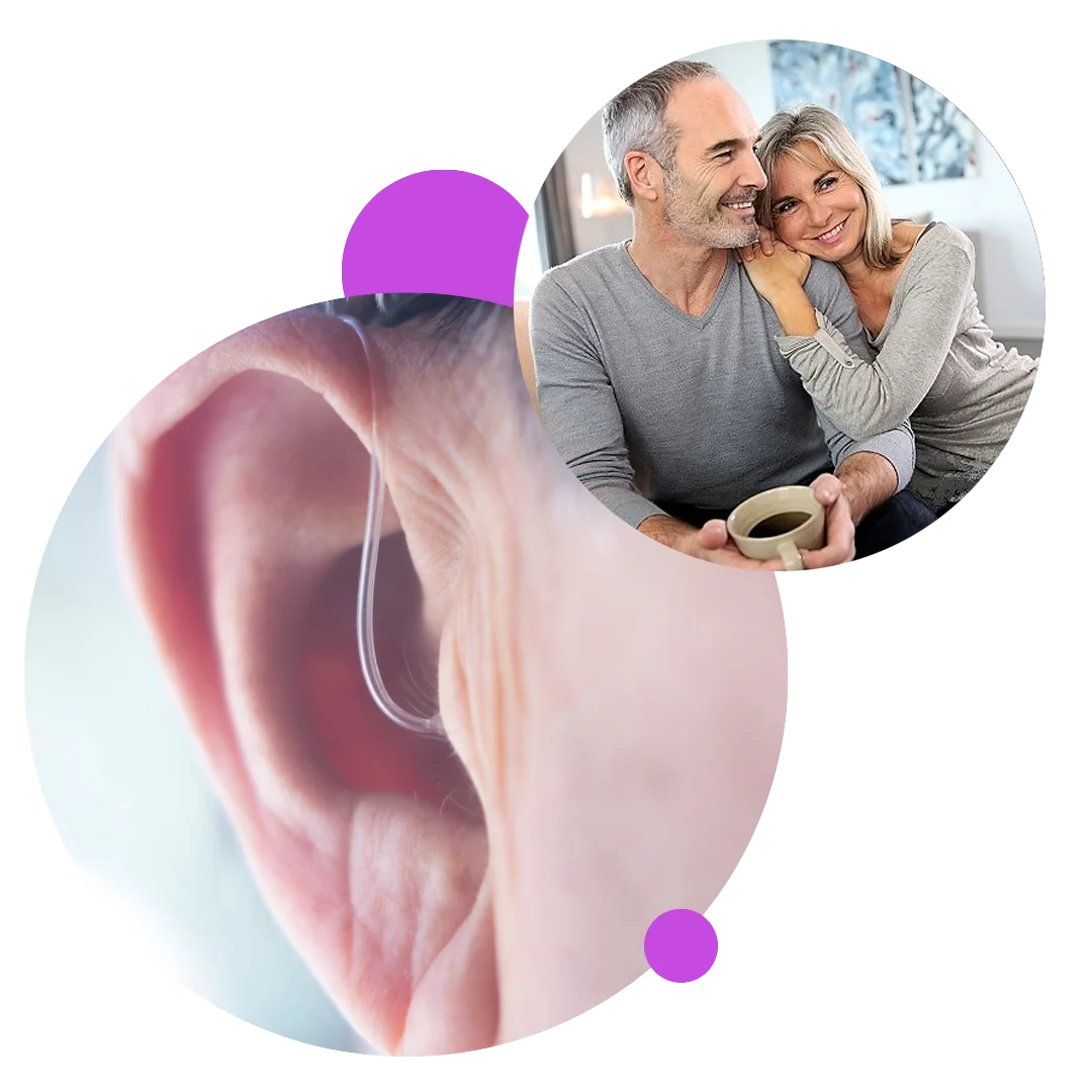 unitron smiling couple next to hearing aid photo
